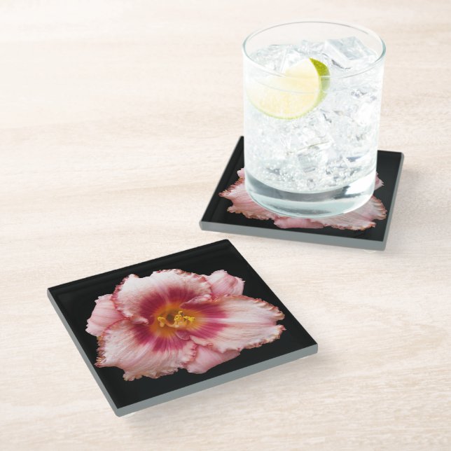 Pink Daylily Bloom on Black Floral Glass Coaster (Angled)