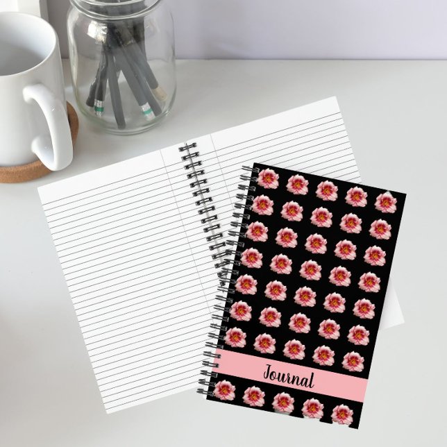Pink Daylily Bloom on Black Floral Pattern Notebook (In Situ)