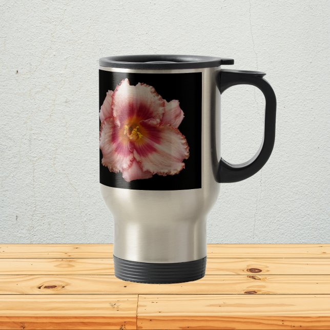 Pink Daylily Bloom on Black Floral Travel Mug (In Situ)