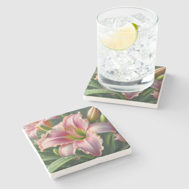 Pink Daylily Floral Stone Coaster (Side)