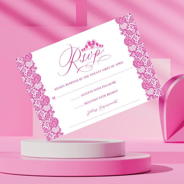 Pink Decorative Lace Princess Quinceanera Crown RSVP Card (Creator Uploaded)