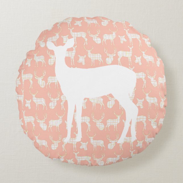 Pink Deer With White Buck and Doe Round Pillow (Front)