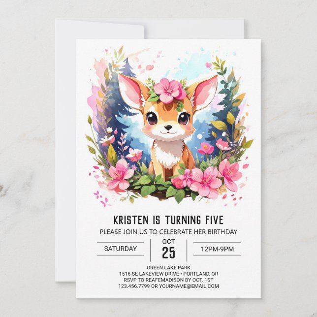 Pink Deer's Boho Girl Birthday Invitation (Front)