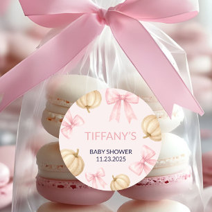 Pink delicate bow Pumpkin Baby Shower Classic Round Sticker