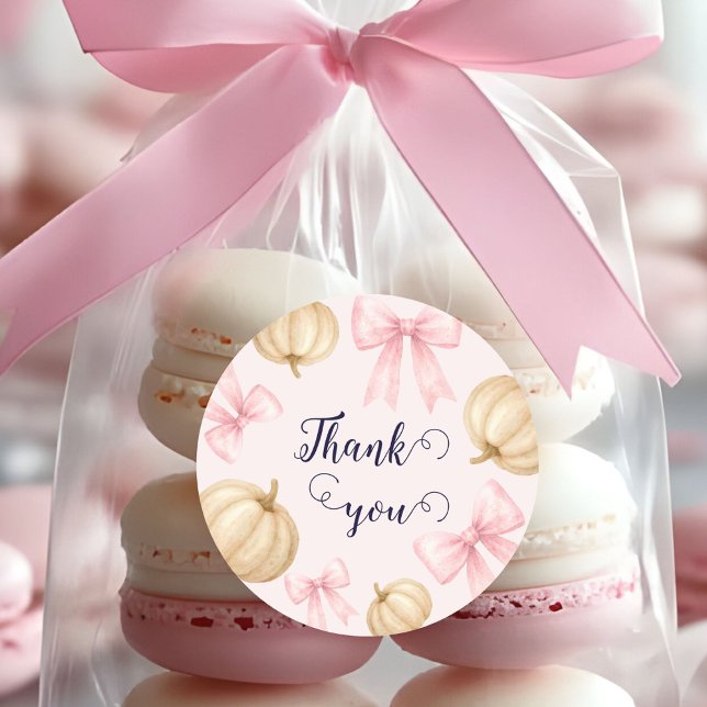 Pink delicate bow Pumpkin Baby Shower Classic Round Sticker (Creator Uploaded)