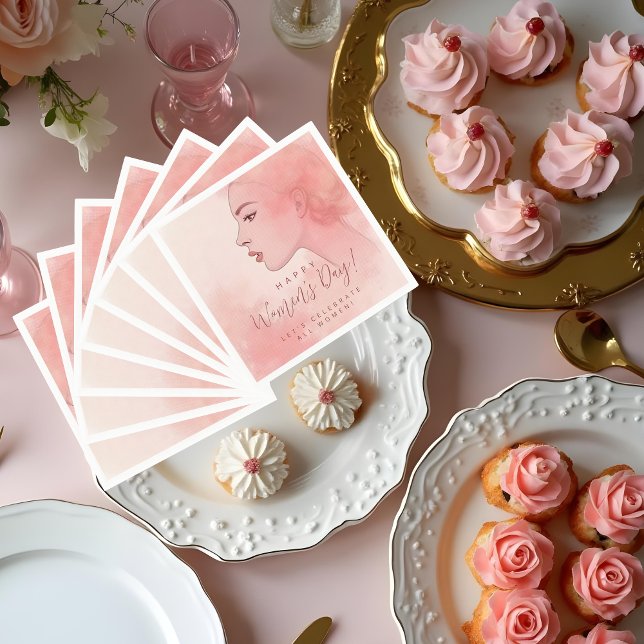 Pink Delicate Minimalist Woman Happy Women's Day Napkin (Delicate Minimalist Woman in Pink Happy Women's Day Napkins. Let's Celebrate All Women Custom Quote.)