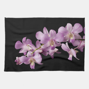 Pink Dendrobium Orchid Flower on Black - Orchids Tea Towel