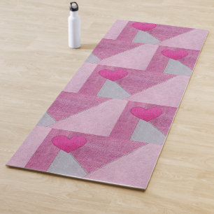 Pink Denim and Grey Patchwork with Heart Yoga Mat