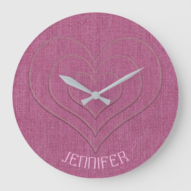 Pink Denim Jeans Fabric 3 Hearts Name Personalised Large Clock (Front)