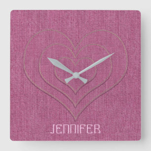 Pink Denim Jeans Fabric 3 Hearts Personalised Name Square Wall Clock