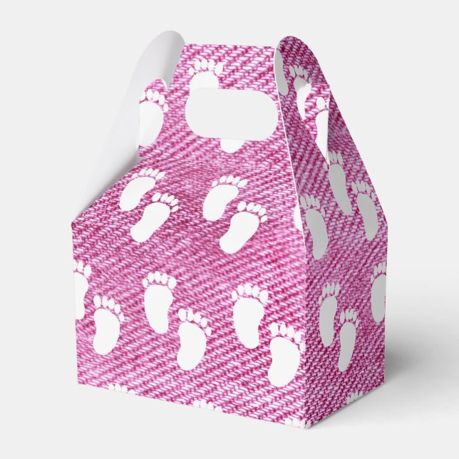 Pink Denim Print Baby Shower Footprint Pattern Favour Box (Front Side)