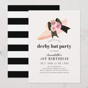 Pink Derby Hat Rose 1st Birthday Party Invitation