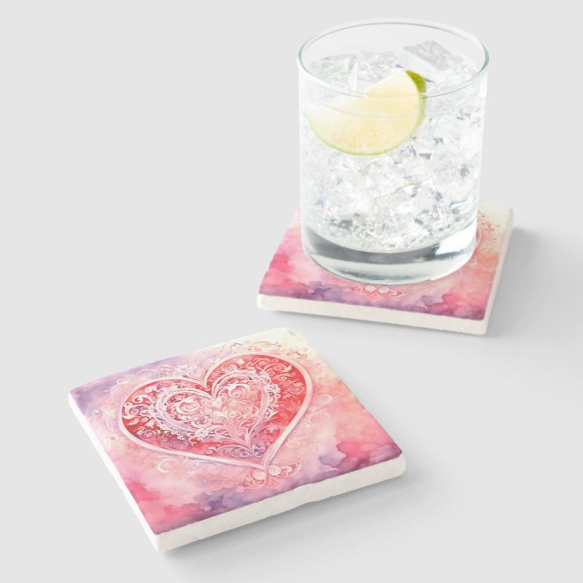 Pink Design Heart  Stone Coaster (Side)