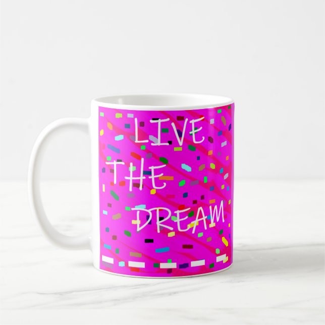 Pink design patterned text words uplifting white coffee mug (Left)