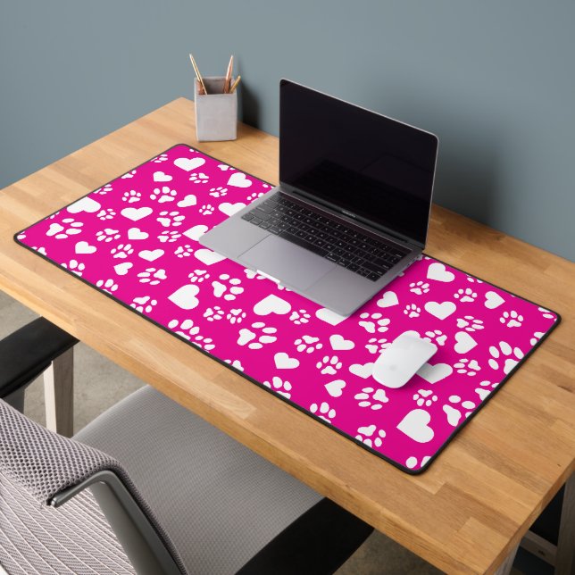 Pink Desk Mat with White Paw Prints Hearts Pattern (Office 2)