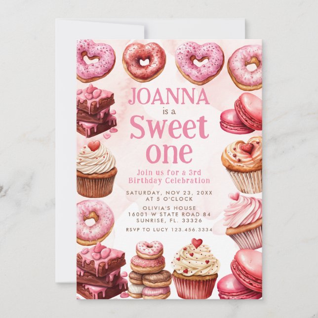 Pink Desserts Sweet One Celebration First Birthday Invitation (Front)