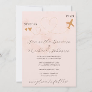 Pink Destination plane flight abroad wedding Invitation