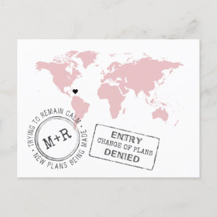Pink Destination Wedding Change the Date Funny Announcement Postcard