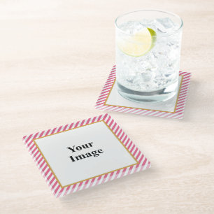Pink Diagonal Stripe Photo Frame Glass Coaster