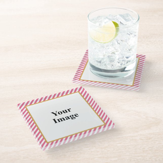 Pink Diagonal Stripe Photo Frame Glass Coaster (Angled)