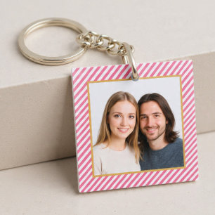 Pink Diagonal Stripe Photo Frame Key Ring