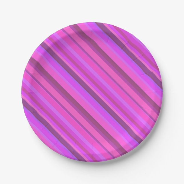 Pink diagonal stripes paper plate (Front)