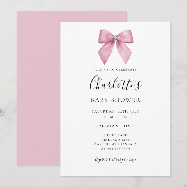 Pink Diamond Bow Girl Baby Shower Invitation (Front/Back)