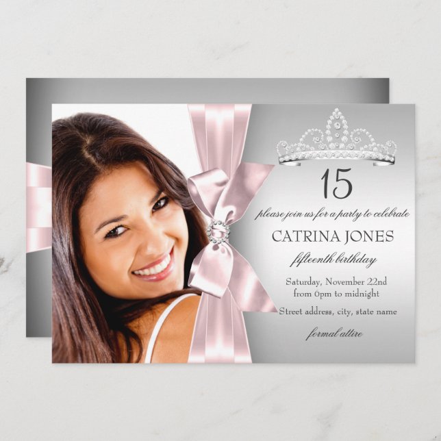 Pink Diamond Bow & Tiara Quinceanera Invite (Front/Back)