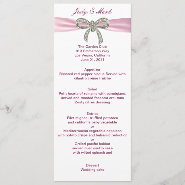 Pink Diamond Bow Wedding Menu Card (Front)