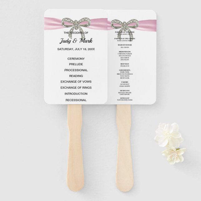 Pink Diamond Bow Wedding Program Hand Fan (Front and Back)