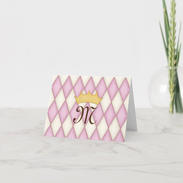 Pink Diamond Check Crowned Monogram Princess Thank You Card (Front)