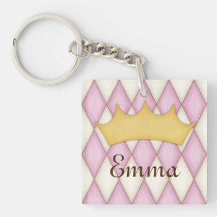 Pink Diamond Check Personalised Name Princess Key Ring