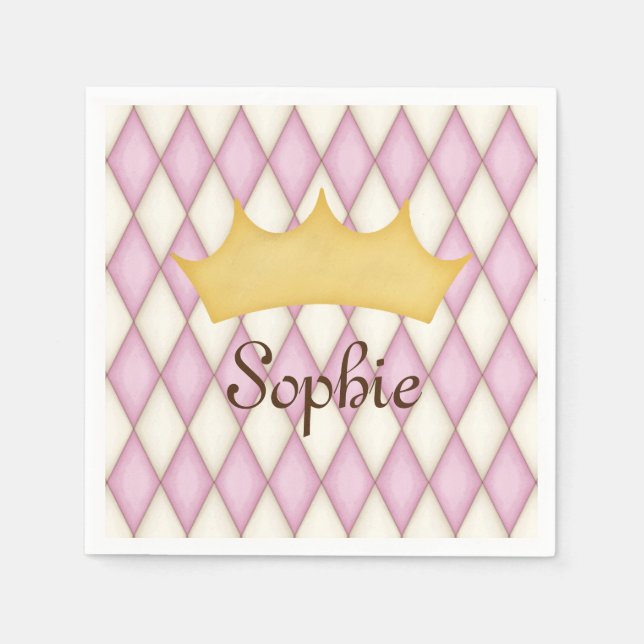 Pink Diamond Check Personalised Name Princess Napkin (Front)