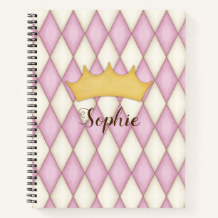 Pink Diamond Check Personalised Name Princess Notebook