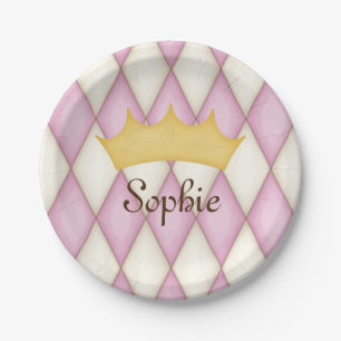 Pink Diamond Check Personalised Name Princess Paper Plate