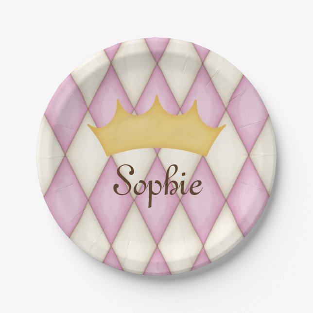 Pink Diamond Check Personalised Name Princess Paper Plate (Front)
