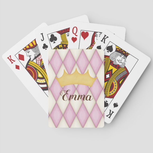 Pink Diamond Check Personalised Name Princess Playing Cards (Back)