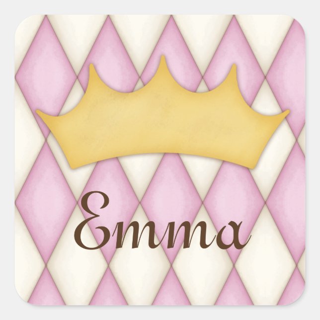 Pink Diamond Check Personalised Name Princess Square Sticker (Front)