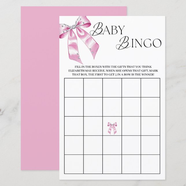 Pink Diamond Coquette Bow Baby Shower Bingo  (Front/Back)