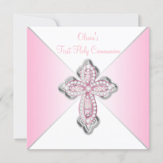 Pink Diamond Cross Pink First Holy Communion Invitation