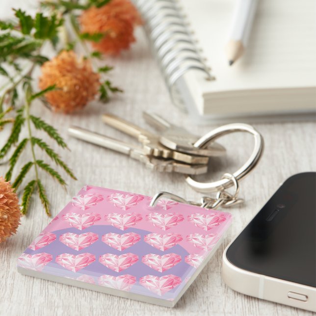Pink Diamond Heart Pattern – Cute & Stylish Design Key Ring (Front Right)