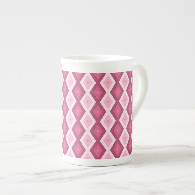 Pink diamond pattern bone china mug (Front Right)