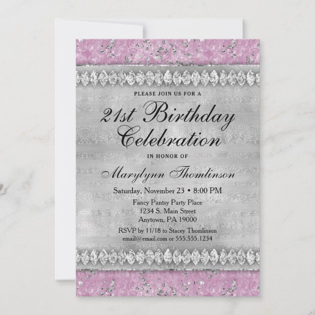 Pink Diamonds Birthday Invitation Velvet Silver (Front)