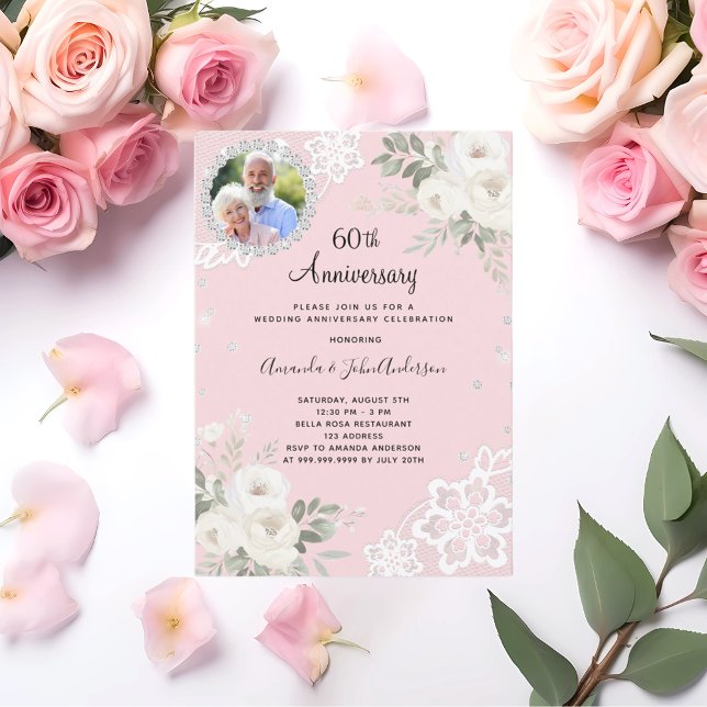 Pink diamonds florals 60th wedding anniversary invitation (Creator Uploaded)
