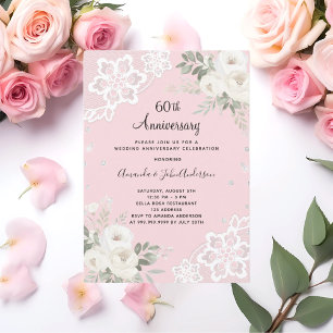 Pink diamonds florals 60th wedding anniversary invitation
