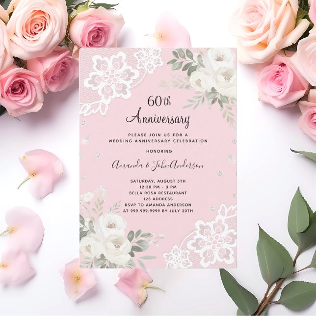 Pink diamonds florals 60th wedding anniversary invitation (Creator Uploaded)