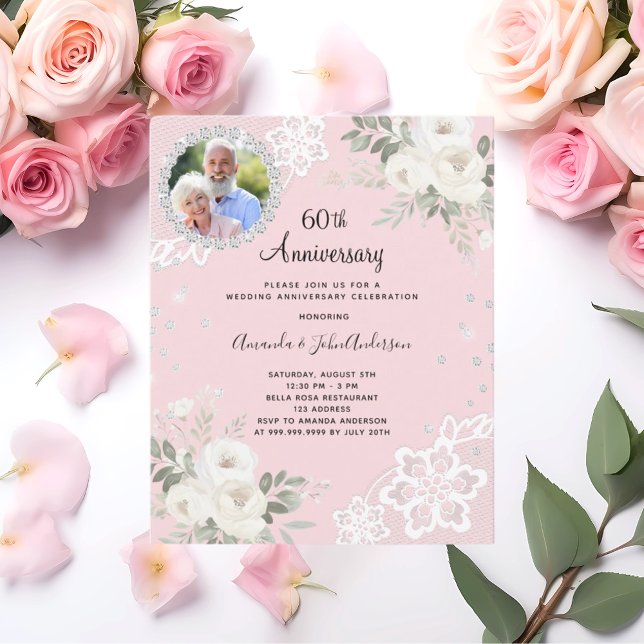 Pink diamonds florals 60th wedding invitation (Creator Uploaded)