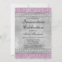 Pink Diamonds Quinceañera Invitation Velvet Silver