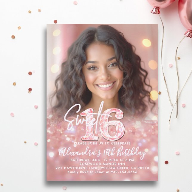 Pink Diamonds Rose Gold Chic Photo Sweet 16 Invitation (sweet sixteen invitation 16th birthday rose gold blush pink diamonds photo template elegant teen)