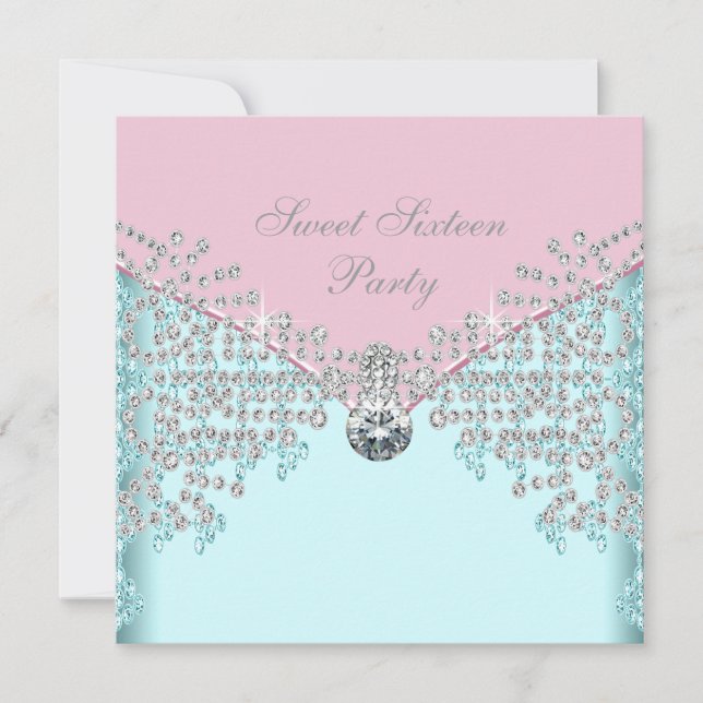 Pink Diamonds Teal Blue Sweet Sixteen Birthday Invitation (Front)